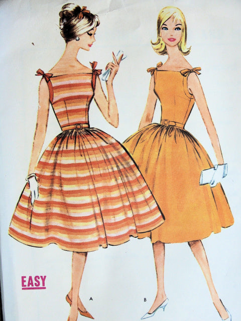 1960 Lovely Shoulder Tied Dress Pattern McCalls 5415 Fitted Bodice Full Party Skirt Bust 30.5 Vintage Sewing Pattern