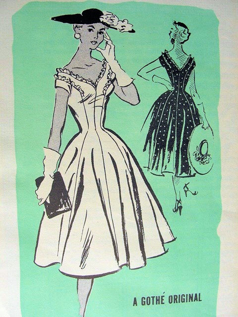 1950s PROMINENT DESIGNER PARTY DRESS PATTERN 548 GOTHE ORIGINAL, FIGURE MOLDING FULL SKIRT, DEEP V NECKLINES, ALMOST OFF SHOULDERS, GORGEOUS STYLE