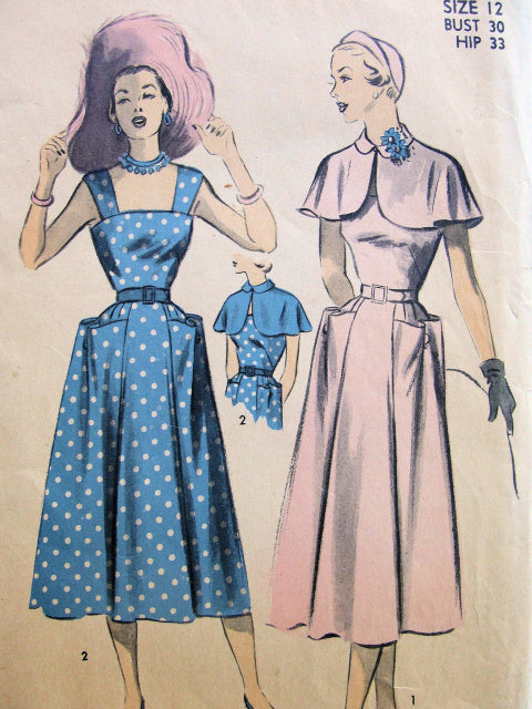 1950s PRETTY Sun Dress and Capelet Pattern ADVANCE 5511 Large Pockets and Sun Back Summer Dress, Peter Pan Collar Cape Bust 30 Vintage Sewing Pattern