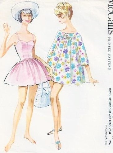 FABULOUS 1960s Bathing Suit Beach Wear Pattern McCALLS 5906 Sweetheart Swim Suit Playsuit and Beach Coat Cover Up Bust 31 Vintage Sewing Pattern