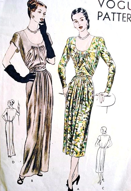 1940s GLAMOROUS Evening Dinner Party Dress Pattern VOGUE 6095 Low U Neckline Gathered Bodice Bust 32 Vintage Sewing Pattern