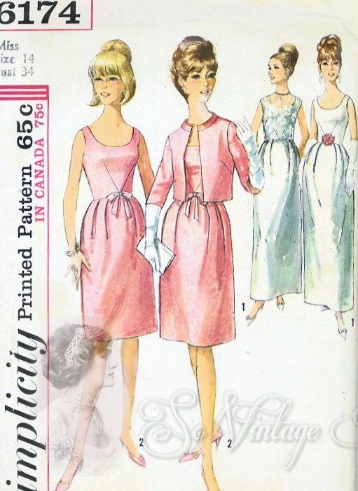 1960s Lovely Cocktail Dress or Evening Gown With Jacket Pattern Classic Bell Shape Skirt,Low Scoop Necklines, Very Doris Day Mad Men Style Simplicity 6174 Vintage Sewing Pattern Bust 32
