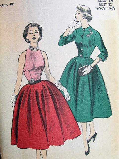 1950s 3 PC EVENING DRESS JACKET PATTERN FLATTERING BUTTON BACK HALTER FRONT BLOUSE, FULL SKIRT, FITTED SHORT JACKET BEAUTIFUL DESIGN ADVANCE PATTERNS 6202