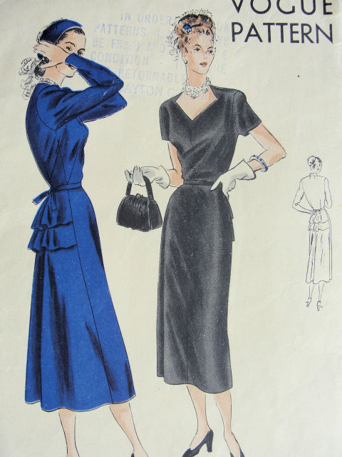 1940s Cocktail Dinner Party Dress Pattern VOGUE 6214 Flirty Film Noir Double Back Peplum Striking Diamond Neckline Bust 38 Vintage Sewing Pattern