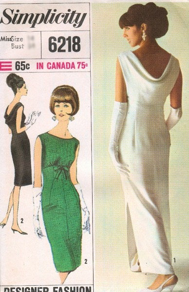 1960s STUNNING Empire Evening Dress Pattern SIMPLICITY Designer 6218 Lovely Draped Cowl Back Pure Elegance Bust 36 Vintage Sewing Pattern UNCUT
