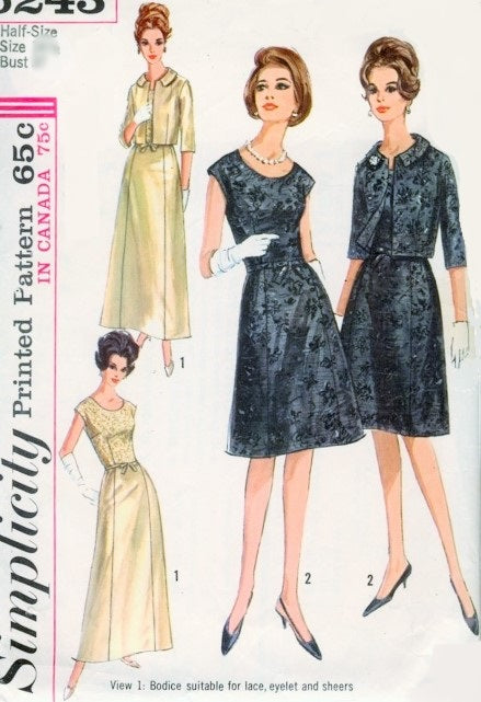 1960s LOVELY Evening Cocktail Dress Pattern SIMPLICITY 6243 Two Lengths Princess Seam A Line Party Dress and Jacket Perfect For Lace, Sheer Fabrics Vintage Sewing Pattern Bust 43