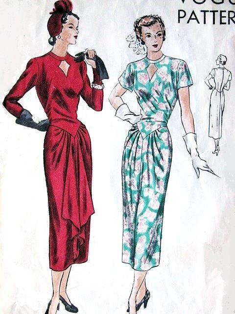 1940s VOGUE PATTERN 6292 STUNNING DRESS KEYHOLE NECKLINE CASCADING DRAPED SKIRT FILM NOIR STYLE