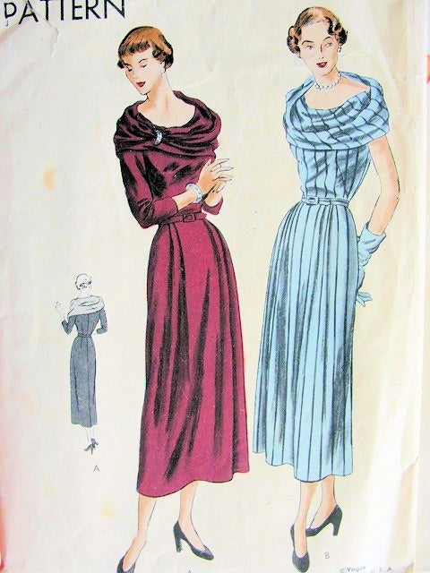 1940s DINNER DRESS PATTERN LOVELY LOW WIDE NECKLINE,BIAS DRAPED SCARF COLLAR VOGUE PATTERNS 6473