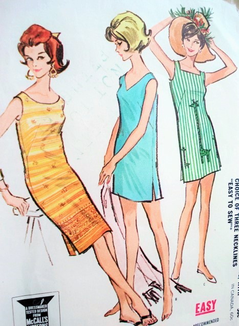 1960s EASY To SEW McCALLS 6740 Mini or Regular Shift Dress,Tunic, Beach Cover Up Shaheen Sheath 3 Necklines, Bust 31-32 Vintage Sewing Pattern