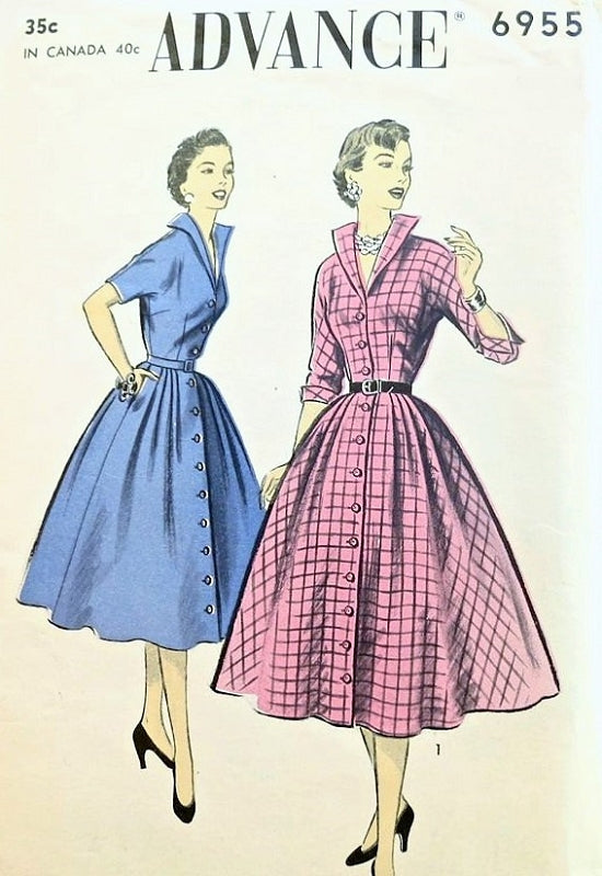 1950s STUNNING Shirt Dress Pattern ADVANCE 6955 Striking Wing Collar Front Button Dress So I Love Lucy Style Bust 34 Vintage Sewing Pattern