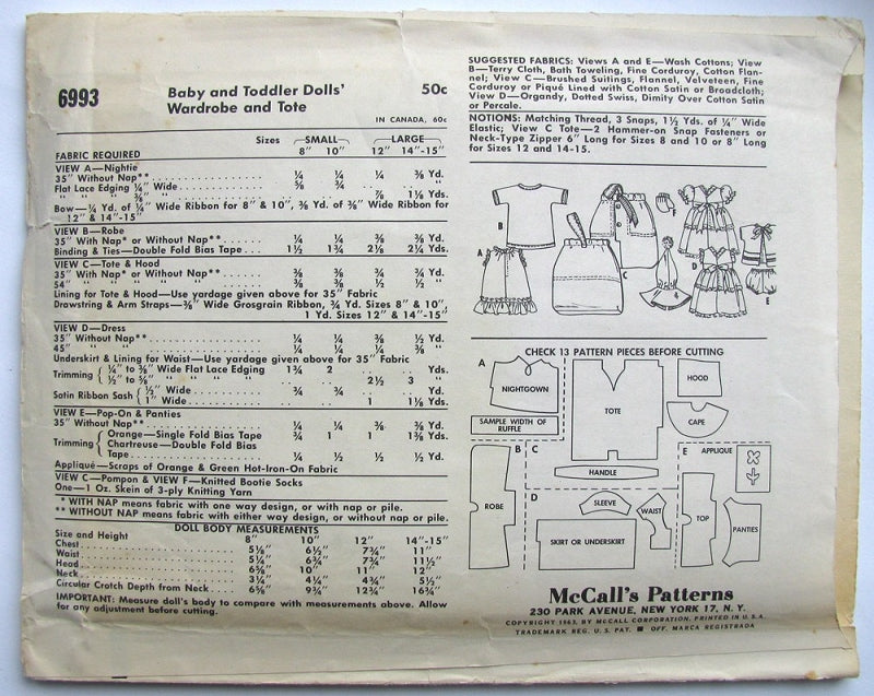 1960s CUTE Doll Clothes Pattern McCALLs 6993 Vintage Sewing Pattern Baby and Toddler Doll Size 10 Inches Dolls Wardrobe and Tote