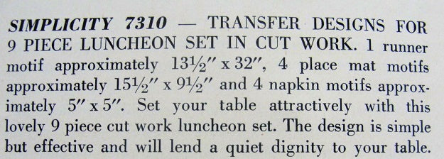 1940s SIMPLICITY PATTERN 7310 CUTWORK TRANSFERS 9 PC LUNCHEON SET