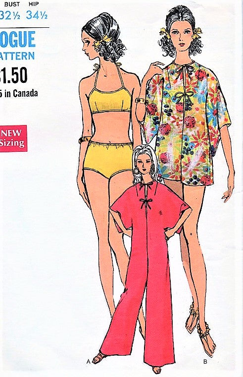 1960s FABULOUS Pantdress, Cover-up and Swimsuit Pattern VOGUE 7336 Great Beachwear Styles Bust 32 Vintage Sewing Pattern