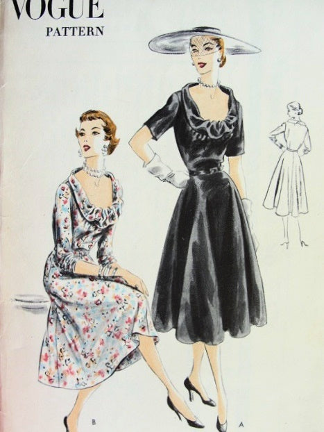 1950s Lovely Cocktail Dinner Dress Pattern Low Softly Draped Neckline, Circular Skirt Gathered Sleeves