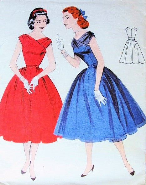 1950s Lovely Cocktail Party Evening Dress Pattern Butterick 7381 Draped Shoulders Surplice Bodice Full Skirt Fit n Flare Bust 34 Vintage Sewing Pattern