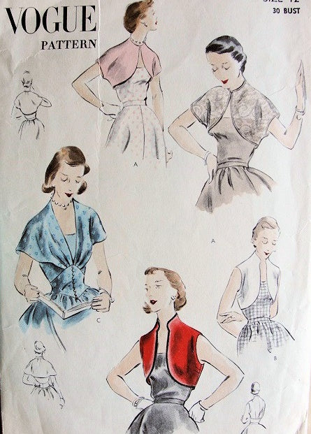 1950s BOLERO JACKETS, UNIQUE GIRDLE CORSET BELTED CAPELET PATTERN 3 BEAUTIFUL STYLES VOGUE PATTERNS 7560