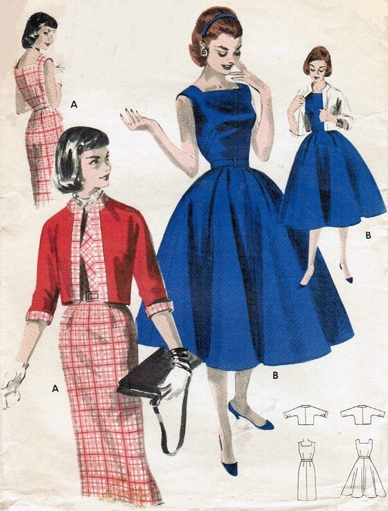 1950s STUNNING Dress and Jacket Pattern BUTTERICK 7648 Slim Sheath Full Skirt Square Neckline Bolero, Bust 30 Vintage Sewing Pattern FF