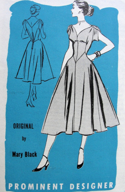 1950s EVENING DRESS PATTERN FIGURE MOLDING STYLE SHAPED NECKLINE, DRAPED SLEEVES, BEAUTIFUL DANCING SKIRT, PROMINENT DESIGNER PATTERNS 770 MARY BLACK