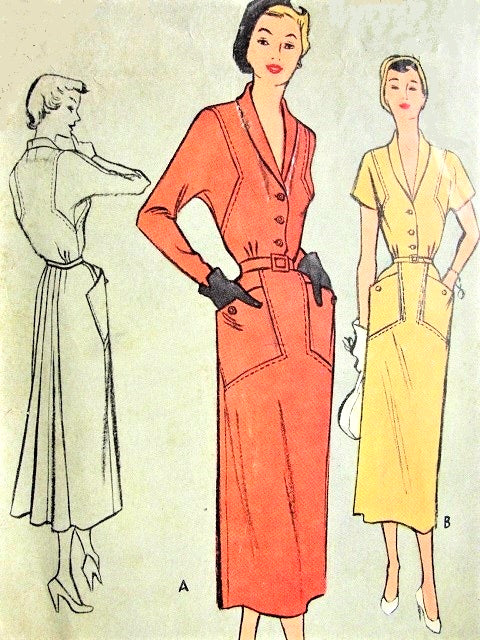 Late 1940s STYLISH Dress Pattern McCALL 7895 Slim Front, Large Pockets, Beautiful Pleated Back Day or Cocktail Dress Bust 36 Vintage Sewing Pattern
