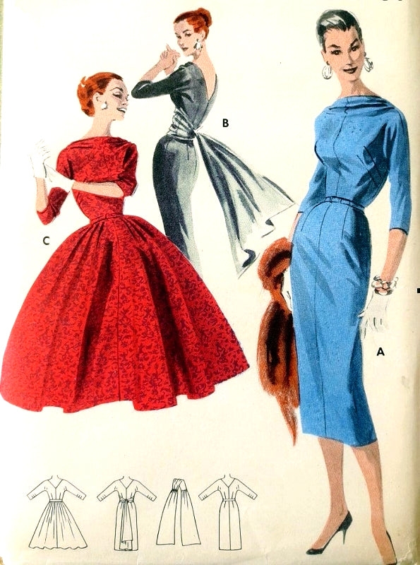 1950s STUNNING Evening Cocktail Wedding Party Dress Pattern BUTTERICK 7943 Draped Bateau Neckline, V Back Slim Sheath or Full Skirt Dress,,Cummerbund ,Floating Back Panel Bust 36 Vintage Sewing Pattern