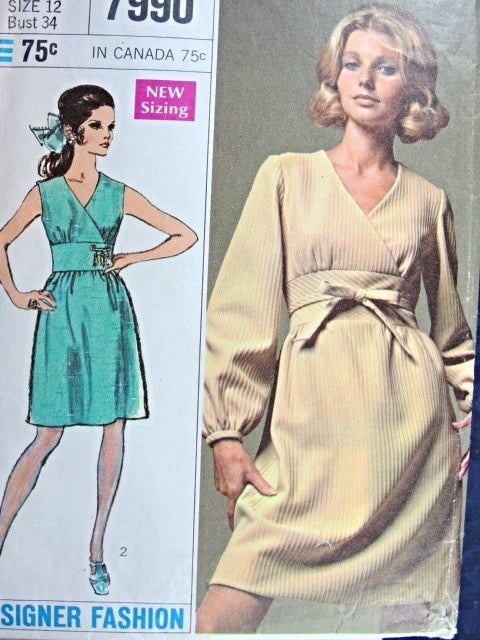 CHIC 60s Mod Midriff Dress Pattern SIMPLICITY 7990 Designer Fashion Surplice Bodice Day or Cocktail Party Bust 36 Vintage Sewing Pattern