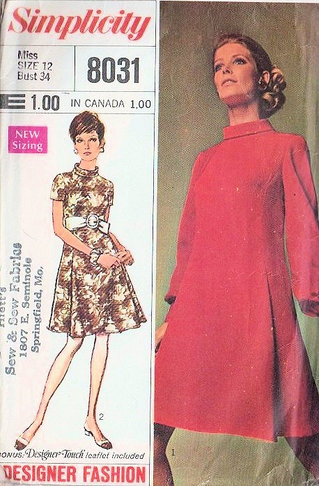 Mod 60s Simplicity 8031 Vintage Sewing Pattern Lovely Designer Fashion Panel Pleated Balloon Sleeve Cocktail Party Dress, Roll Collar UNCUT