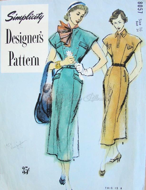 1940s Slim Dress Pattern Fitted Tailored Bodice, Extended Shoulders, Slit Neckline Simplicity Designers 8057 Bust 34