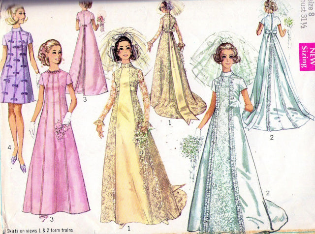 60s Wedding Dress Bridal Gown Pattern Simplicity 8091 Beautiful Styles Includes Long Train Version Also Bridesmaids Dress Vintage Sewing Pattern