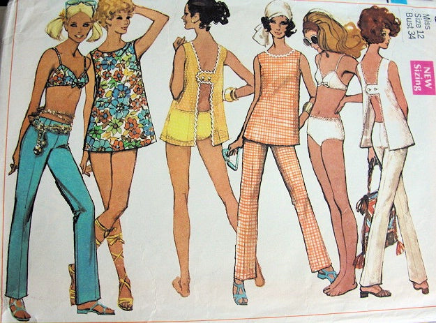 1960s Simplicity 8153 Pattern Mod Swimsuit Bathing Suit, Top and Hip Hugger Pants Vintage Sewing Pattern Bust 34