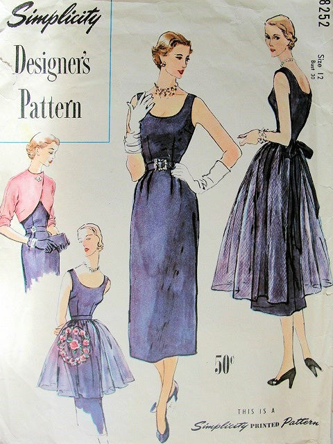 SIMPLICITY DESIGNERS PATTERN 8252 SLIM 1950s EVENING DRESS, LOVELY CURVED FRONT BOLERO JACKET, FULL APRON in 2 LENGTHS