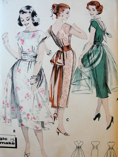 1950s SLIM COCKTAIL SHEATH DRESS PATTERN SCOOP NECK, LOW V BACK, 3 STYLES BUTTERICK 8355