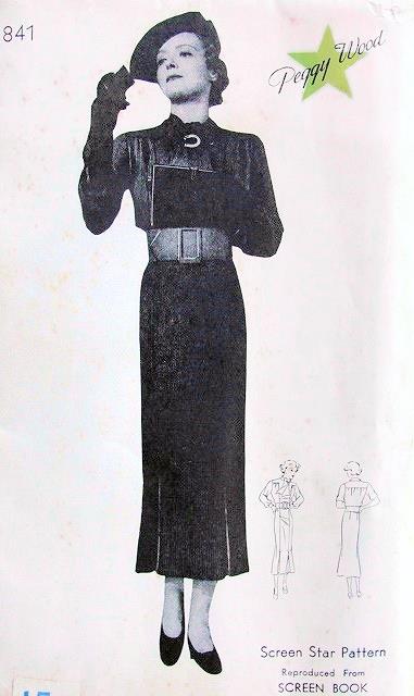 1930s SCREEN STAR Pattern 841 Actress Peggy Wood Tailored Dress Slim Art Deco Design, Attached Scarf, Bust 36 Vintage Sewing Pattern FF
