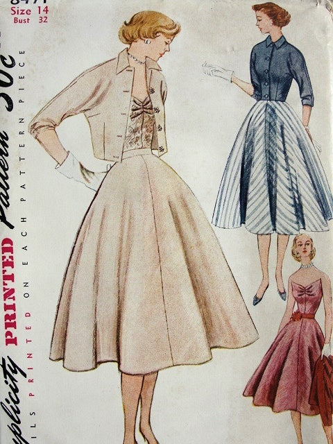 1950s Strapless 3 PC Cocktail Evening Dress Pattern SIMPLICITY 8471 Full Skirt, Fitted Jacket and Stunning Strapless Wing Front Bodice Top Bust 34 Vintage Sewing Pattern