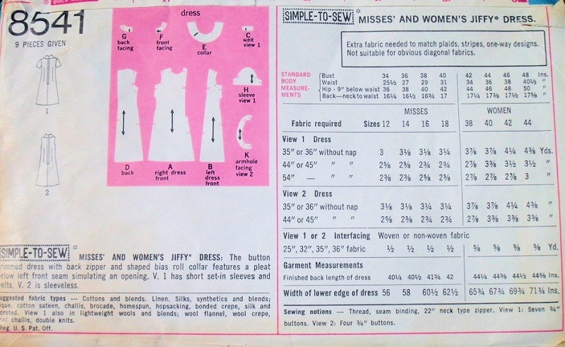 1960s MOD Dress Pattern Simplicity jiffy 8541 Stylish Side Pleat Dress Vintage Sewing Pattern Bust 36 or 40 UNCUT FACTORY FOLDED