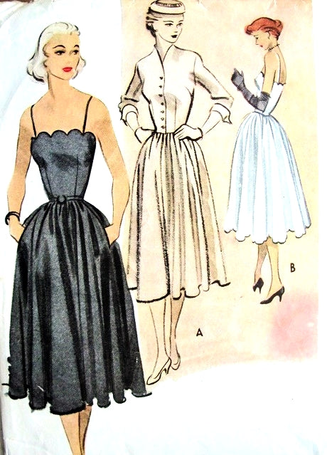 1950 Lovely Camisole Bodice Evening Party Dress and Fitted Jacket Pattern Full Skirted Cocktail Dress Scalloped Neckline McCalls 8576 Vintage Sewing Pattern Bust 32