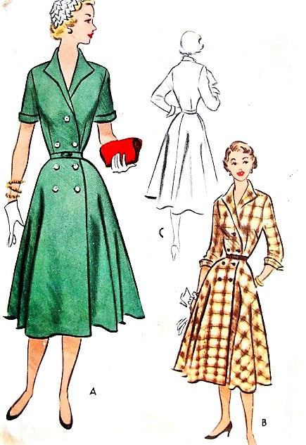 1950s STYLISH Dress Pattern McCALLS 8683 Front Button Dress Surplice Bodice, Bust 33 Vintage Sewing Pattern