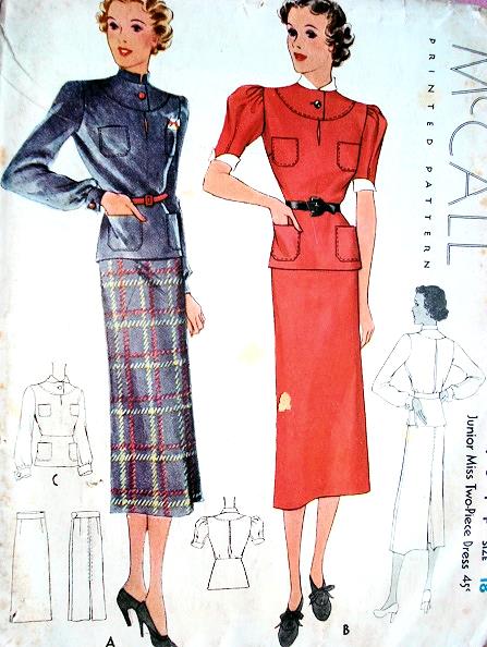 1930s McCall Pattern 9044 Two Pc Dress Slim Skirt Peplum Top Keyhole Neckline