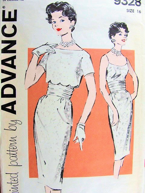 1960s Mad Men Evening Cocktail Party Dress Pattern Wiggle Sheath Dress Spaghetti Straps Scalloped Cropped Jacket, Cummerbund Advance 9328 Vintage Sewing Pattern Bust 34