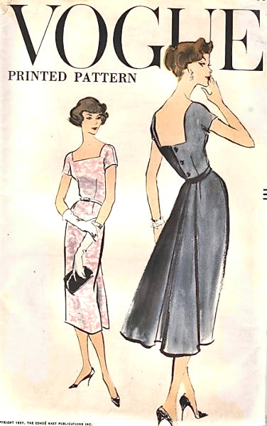 1950s STUNNING Cocktail Party Dress Pattern VOGUE 9341 Low Square Back, Flared Back Panel Evening Dress Bust 34 Vintage Sewing Pattern