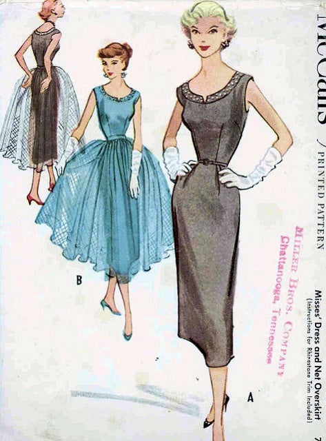 1950s SLIM COCKTAIL DRESS PATTERN SEPARATE FULL OVERSKIRT McCALLS 9434