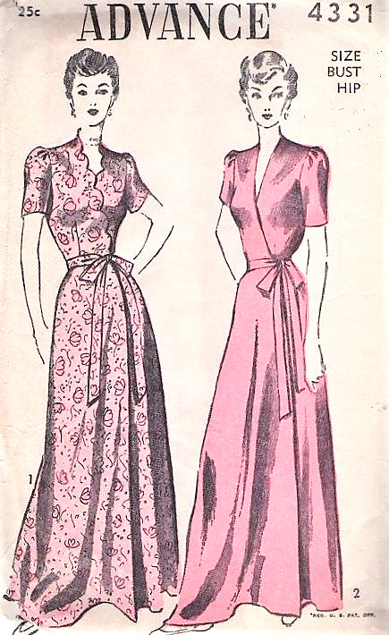 1940s GLAM House Coat Robe Hostess Gown Pattern ADVANCE 4331 Side Wrapped Flattering Robe 2 Versions Bust 30 Vintage Sewing Pattern