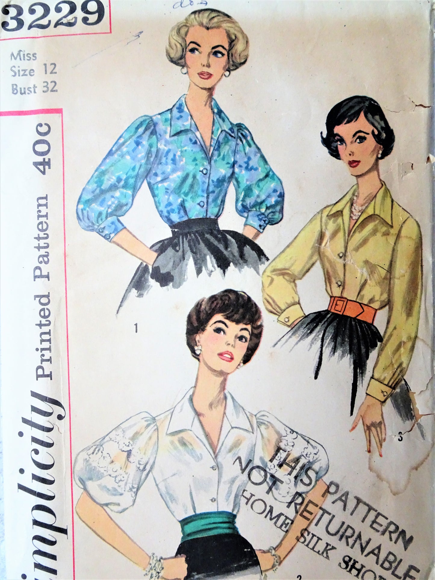 1950s BEAUTIFUL Set of Blouses Pattern SIMPLICITY 3229 Three Lovely Styles Bust 32 Vintage Sewing Pattern