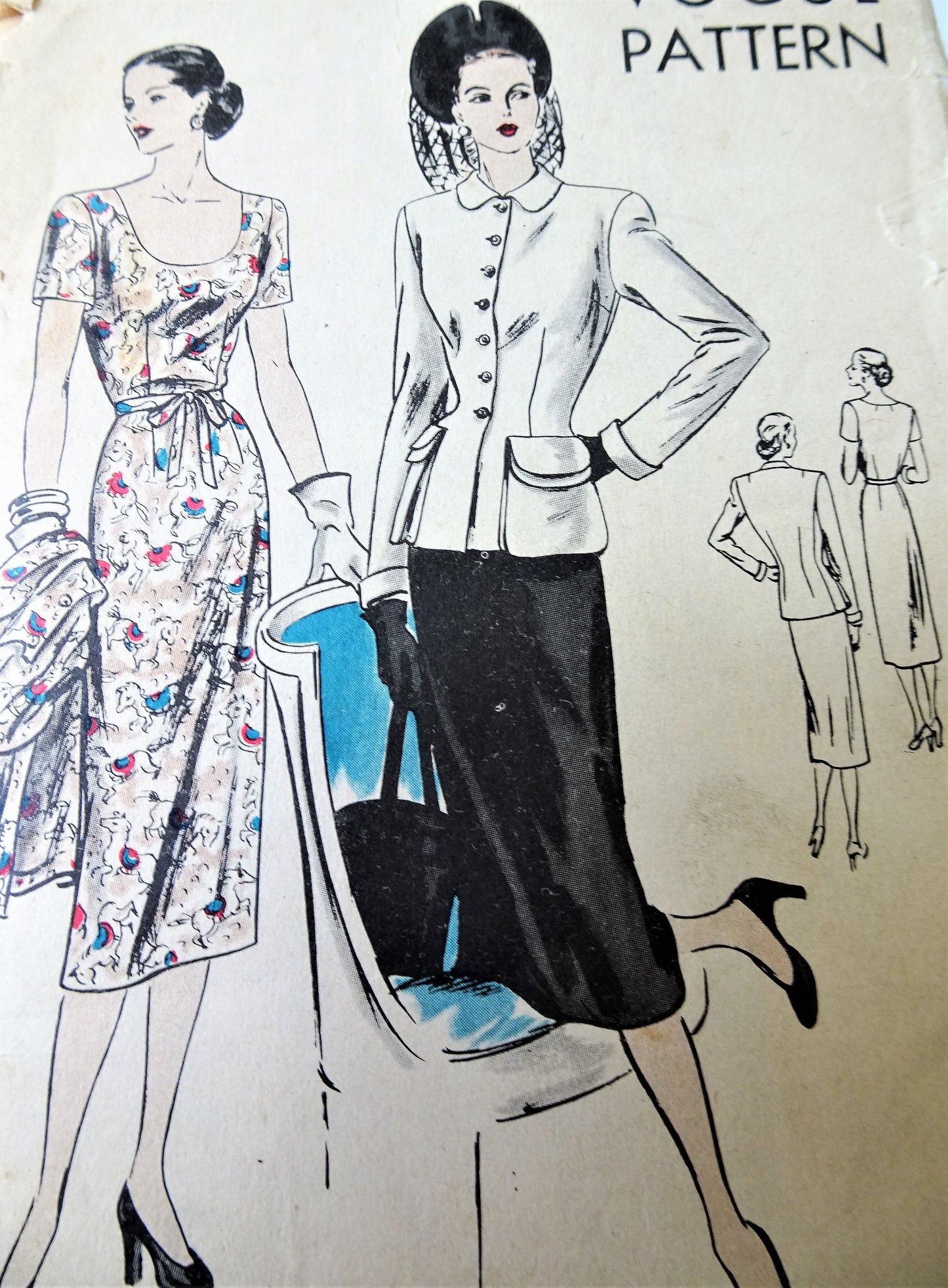 1940s STUNNING Cocktail Evening Party Dress and Jacket Pattern VOGUE 6076 Low Neckline Slim Dress, Fitted Jacket,Bust 34 Vintage Sewing Pattern FACTORY FOLDED