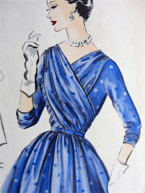 1950s BEAUTIFUL Evening Cocktail Party Dress Pattern VOGUE special Design 4345 Flattering Cross Over Draped Bodice Full Skirt Dress Bust 30 Vintage Sewing Pattern