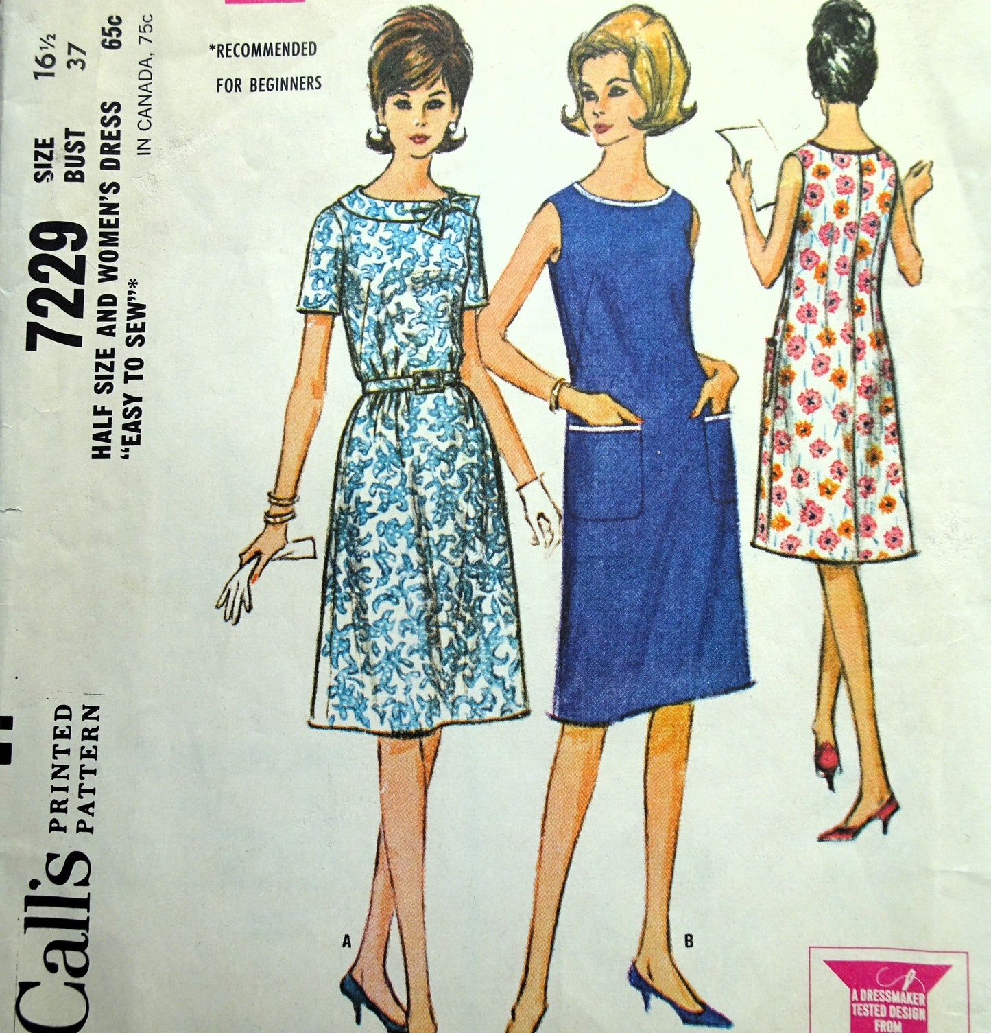 1960s EASY To Sew 3 Panel Dress Pattern McCALLS 7229 Beginners Dress Pattern Bust 37 Vintage Sewing Pattern