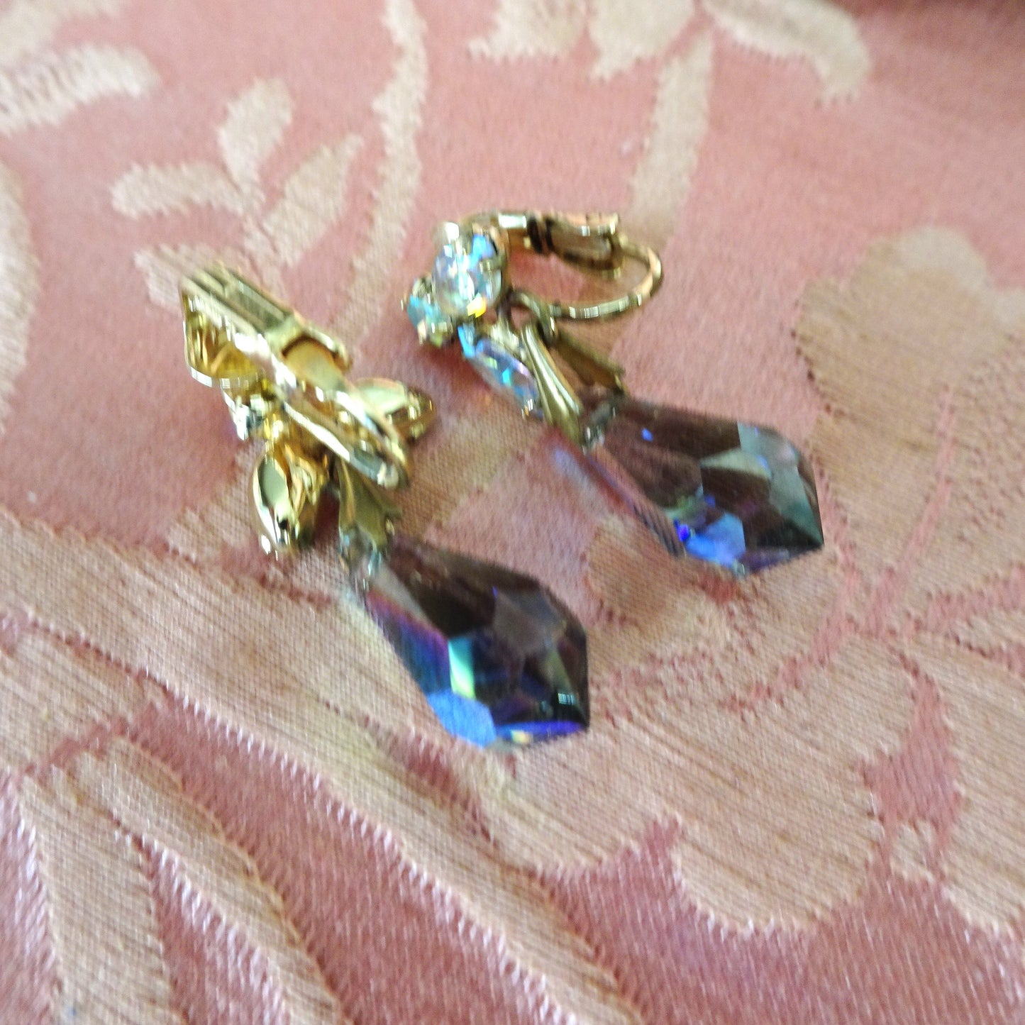 GLAMOROUS Rhinestone Glass Drop Earrings,Swarovski Crystals,Glittering AB Stones, Dangle Earrings, Mid Century Jewelry