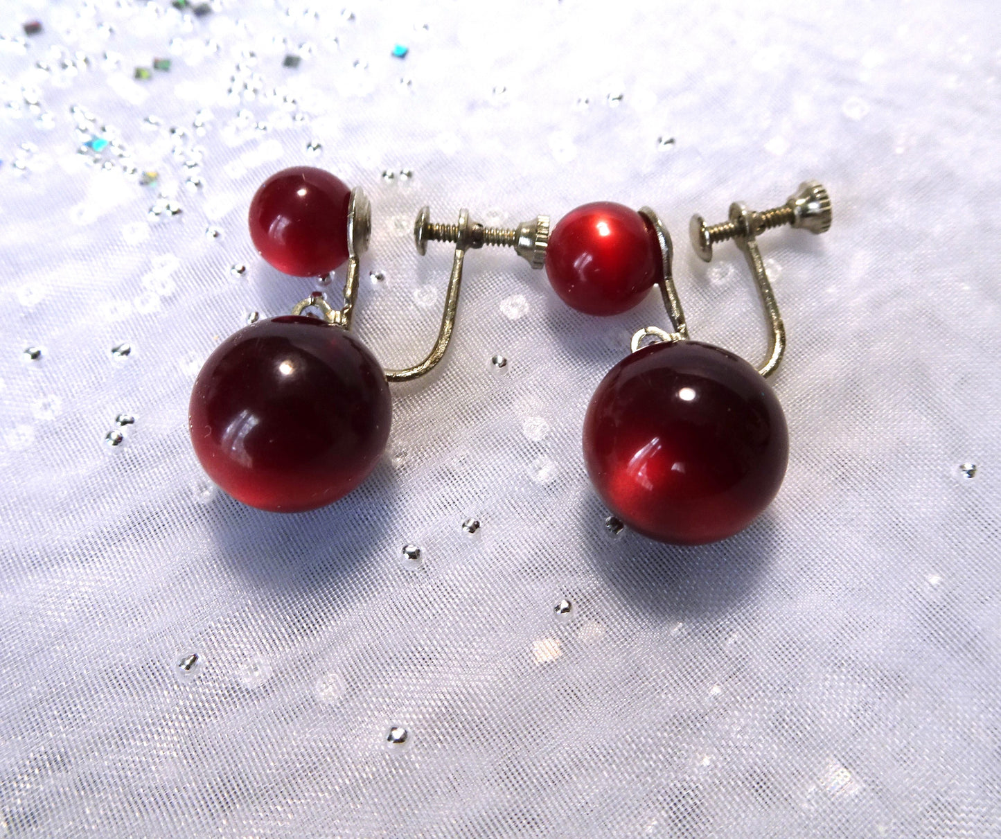 LOVELY Glowing Moonglow Earrings, Striking Ruby Red Earrings, Drop Earrings, Collectible Vintage Jewelry