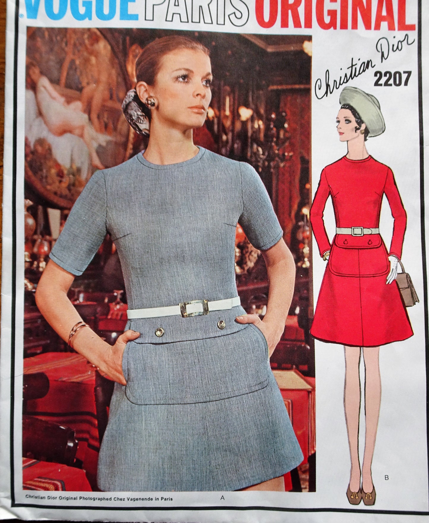 1960s DIOR Dress Pattern VOGUE Paris Original 2207 Interesting Design Dress, Bust 32 Vintage Sewing Pattern