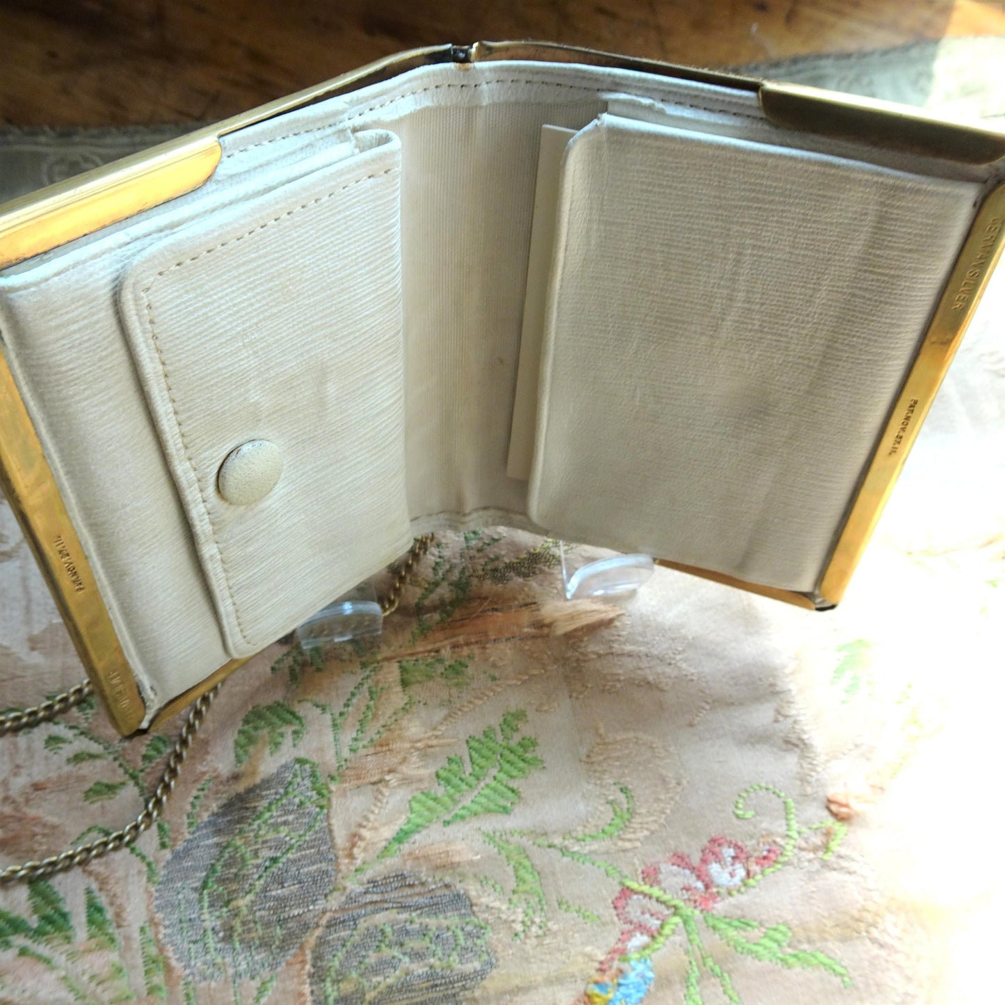BEAUTIFUL Antique Purse, Engraved German Gilt Silver and White Leather Dance Purse, Calling Card Case,Business Card Holder ,Lovely Monogram