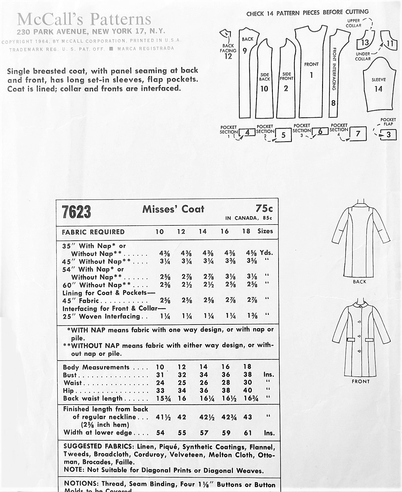 1960s MOD Slim Coat Pattern McCALLS 7623 Panel seaming Lined Coat Bust 31 Vintage Sewing Pattern FACTORY FOLDED